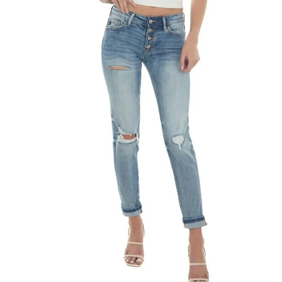 Kancan Medium/light Wash distressed Jeans, Button fly, relaxed fit. Size 25 - Picture 1 of 12
